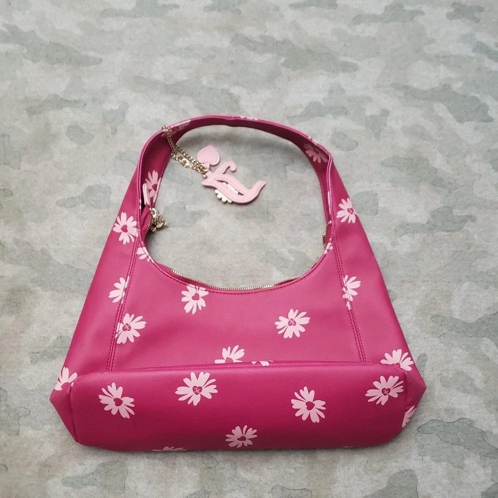 Juicy Couture Purse Womens Pink Leather Embroidered Daisy For Justice W/ Charm